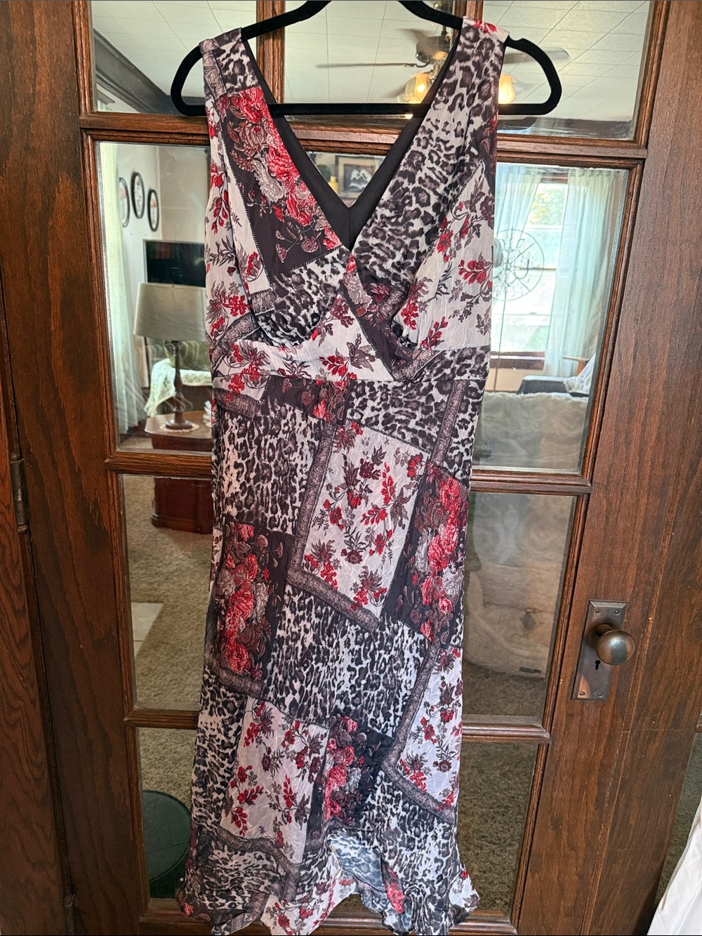 V-Neck Patchwork Maxi Dress in Black and Red Floral